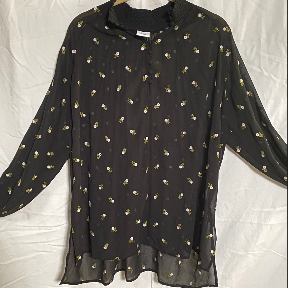 Embroidered Floral Sheer Top with Button Detail